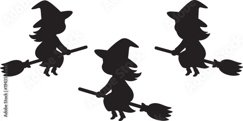 Cute witch flying on broom silhouettes set, halloween fantasy character icons, magical cartoon vector illustration