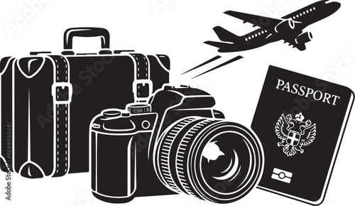 Travel essentials including suitcase, camera, and passport illustration