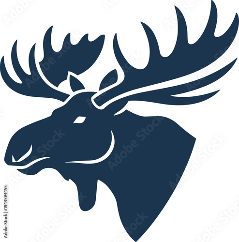 Majestic Bull Moose Head Silhouette with Large Antlers and Minimalist Details for Wildlife Hunting and Nature Conservation Flat Vector Illustration