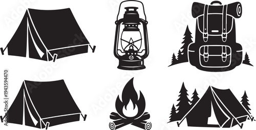 Camping icons and symbols for outdoor adventure travel