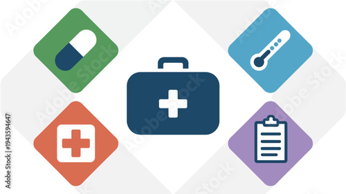 Medical Diamond Illustration with First Aid Kit, Capsule Pill, Thermometer, Healthcare Cross and Clipboard Representing Medicine, Diagnosis, Treatment and Patient Care in Clean Stylized Design