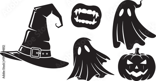 Halloween icons including witch hat and ghostly figures symbols