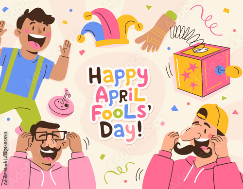 Cheerful April Fools' Day Celebration Illustration Featuring Joyful Characters Engaged in Playful Pranks and Laughter, Embracing the Spirit of Humor and Festive Jest