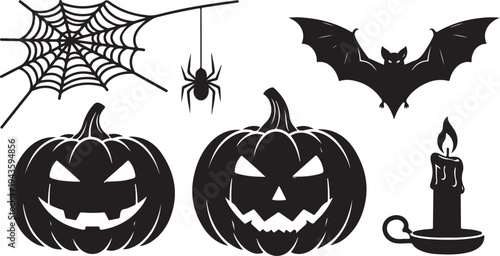 Halloween icons including pumpkins, spider, bat, and candle together