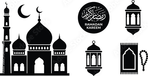 Ramadan Kareem Islamic icons set, mosque crescent lantern prayer rug tasbih symbols, Muslim religious vector illustration collection