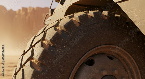 Close-up of a military vehicle tire in desert environment showcasing its tread pattern for off-road traction and vehicle mobility