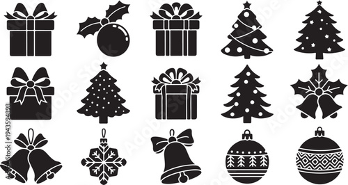Christmas icons and symbols in black and white style