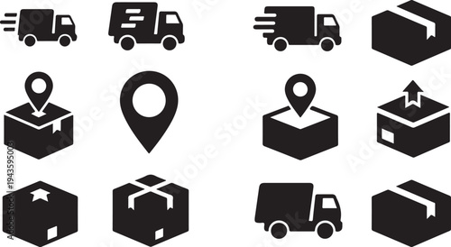 Logistics and delivery icons in black and white color