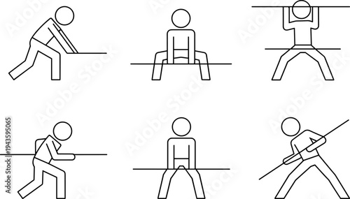 Minimalist Stick Figure Icon Set Showing Man Pushing Pulling Lifting and Climbing Over Horizontal Bars for Teamwork and Obstacle Course Concepts