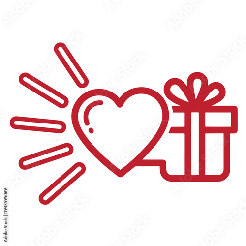 Red heart and gift box icon with sunburst lines on white background