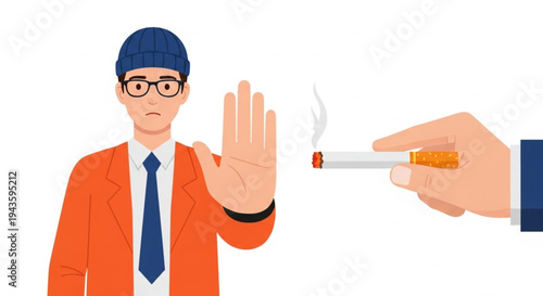No Smoking Awareness Campaign Man Refusing Cigarette Healthy Lifestyle Stop Smoking Vector Illustration