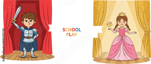 School theater play with kids dressed as knight and princess performing on stage, children drama activity, flat vector illustration