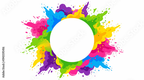 Colorful illustration of a Holi Day celebration background with a circular frame surrounded by vibrant powder splashes in rainbow colors.