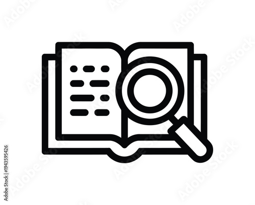 A black and white icon of a magnifying glass over an open book with text