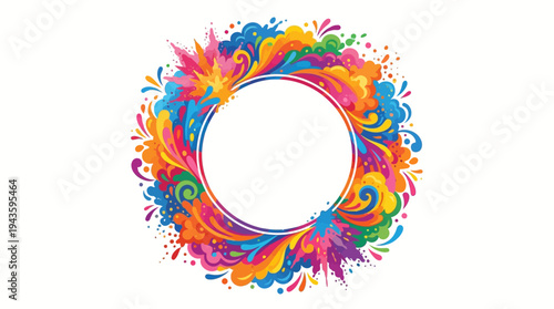 Colorful illustration of a Holi Day celebration background with a vibrant rainbow design and powder splashes in a circular frame.