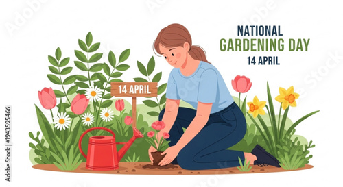 Woman planting flowers on national gardening day with watering can and colorful blooms