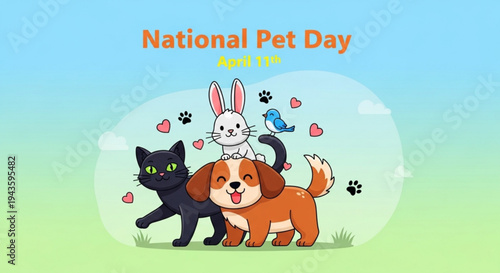 National pet day illustration with dog cat and rabbit surrounded by hearts and paw prints