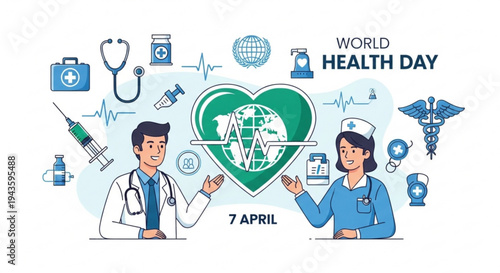World health day illustration with doctor and nurse around green heart symbol
