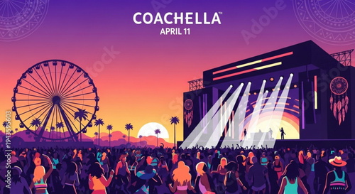 Vibrant coachella music festival crowd at sunset with stage and ferris wheel