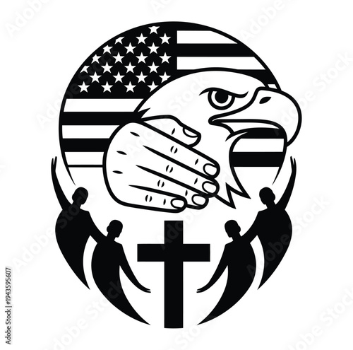 A patriotic illustration of an eagle, American flag, and Christian symbols with silhouetted figures.