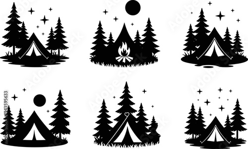 Set of camping tent silhouettes with pine trees stars and campfires, flat vector illustration icons for outdoor adventure and forest recreation