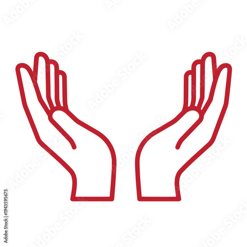 Red line art illustration of two open hands with palms facing upwards and fingers spread apart in a gesture of offering or receiving something