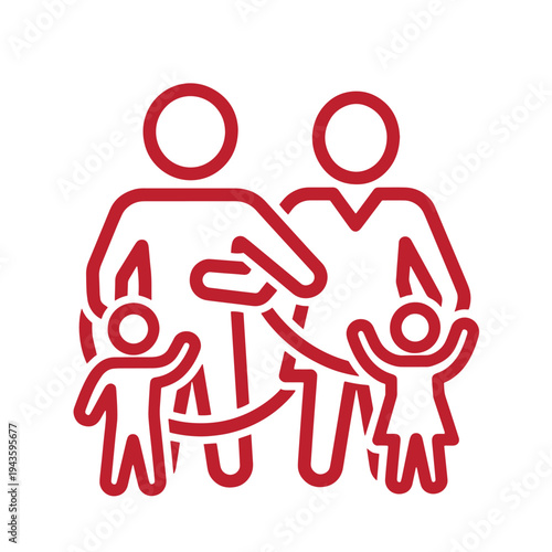 red line art illustration of a family with two parents and two small children standing together