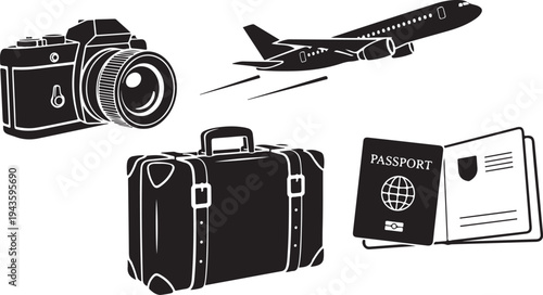 Travel and adventure icons in black and white style