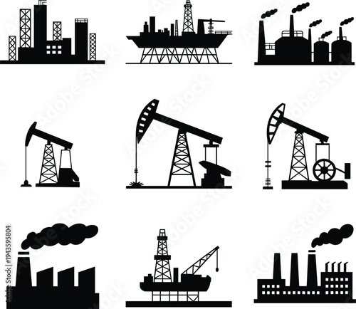 Oil industry silhouettes set, refinery factories offshore drilling rigs pumpjack machines, industrial energy production icons, cad drawing flat vector illustration