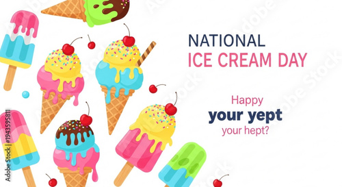 Colorful ice cream cones and popsicles on national ice cream day celebration