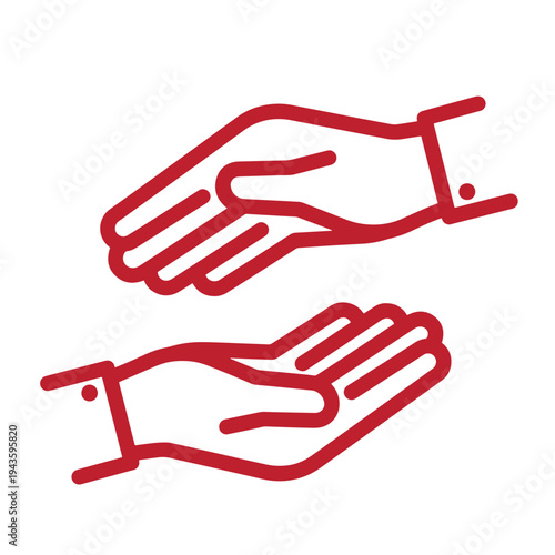 red line art of two open hands one above the other in offering or receiving gesture