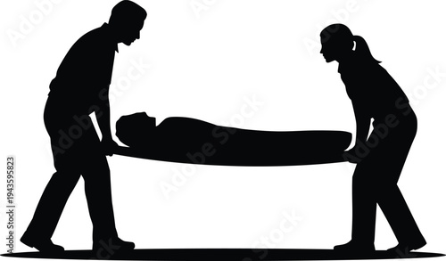 Paramedics carrying injured patient silhouette, emergency medical rescue teamwork, healthcare workers transport casualty vector illustration