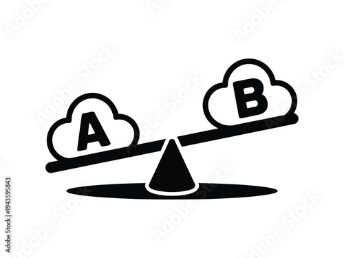 A simple black and white illustration of a seesaw balancing two clouds labeled A and B