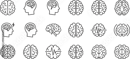 Set of Minimalist Brain and Human Head Line Icons Featuring Neural Activity Mental Health Intelligence and Psychological Concepts in Flat Vector Illustration