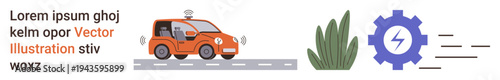 Sustainable transport, future mobility, self-driving cars, clean energy, automotive technology, eco-friendly systems. Orange self-driving car on a road, gear with eco icon, and vegetation