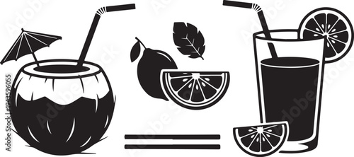 Black and white illustration of tropical drinks and citrus