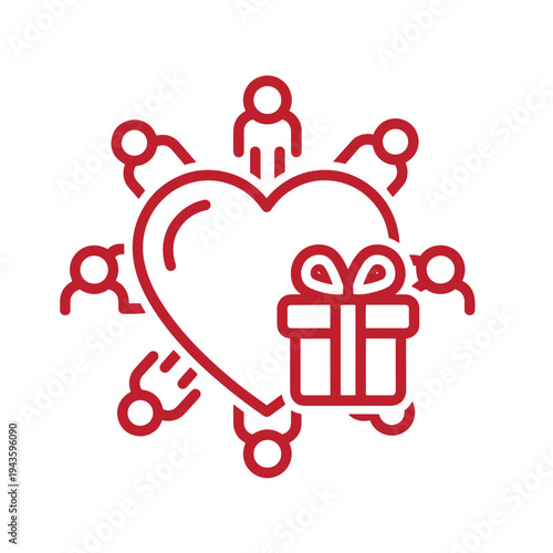 Red line icon of people around a heart with a gift box  symbolizing love and charity  people showing affection and kindness