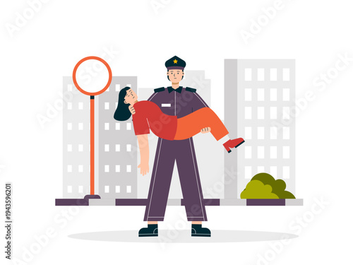 A police officer rescuing an unconscious person in a city setting. Helping people illustrations. Flat vector concepts.
