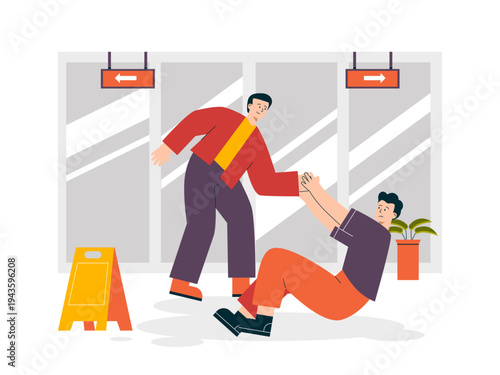 A person is receiving assistance after falling on a wet floor. Helping people illustrations. Flat vector concepts.