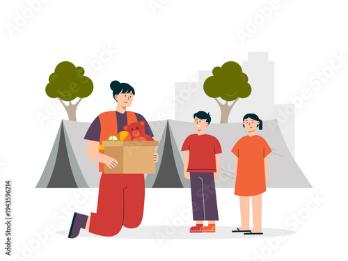 A volunteer distributing donations to children in a community setting, likely to support those in need. Helping people illustrations. Flat vector concepts.