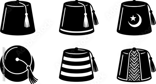 Flat design six fez hat vector icons black silhouette variations tassel star stripe chevron side view top view isolated set collection