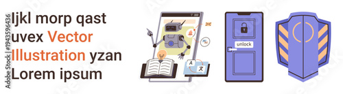 Cybersecurity, AI integration, digital learning, information protection, online access, secure systems. A robot over a tablet, a locked door and a shield. Cybersecurity and AI integration concepts