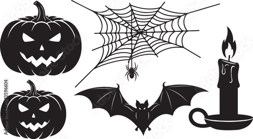 Halloween icons including pumpkins, spider web, bat, and candle