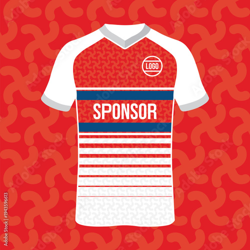 Modern sports jersey design template with bold colors and geometric patterns.