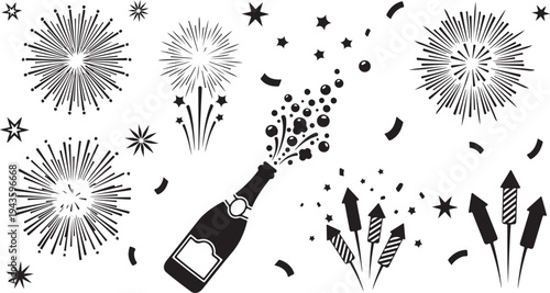 New Year's Eve Celebration with Champagne and Fireworks Display