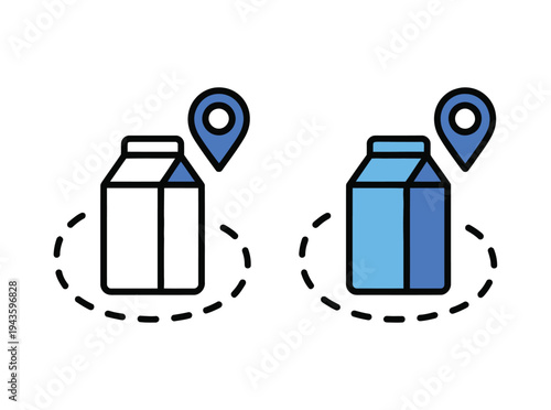 A graphic illustration of two milk cartons with location pins indicating delivery or pickup options for online grocery shopping.
