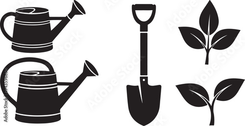 Gardening tools and icons for planting and growth activities