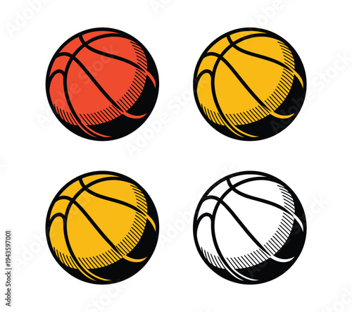 A colorful illustration of four basketballs in different colors on a white background