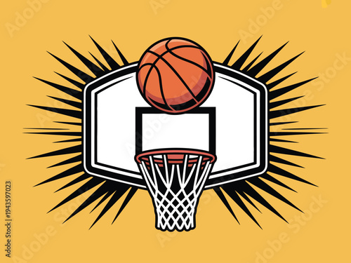 A basketball going through a hoop with a burst of energy around it