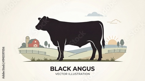 Black angus cattle farm landscape illustration pastoral environment side view agricultural concept